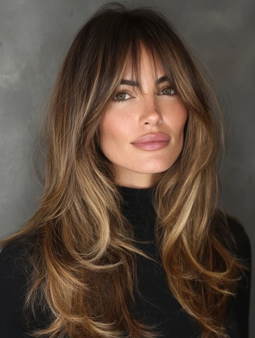 Long Layered Light Brown Haircut with Soft Curtain Bangs
