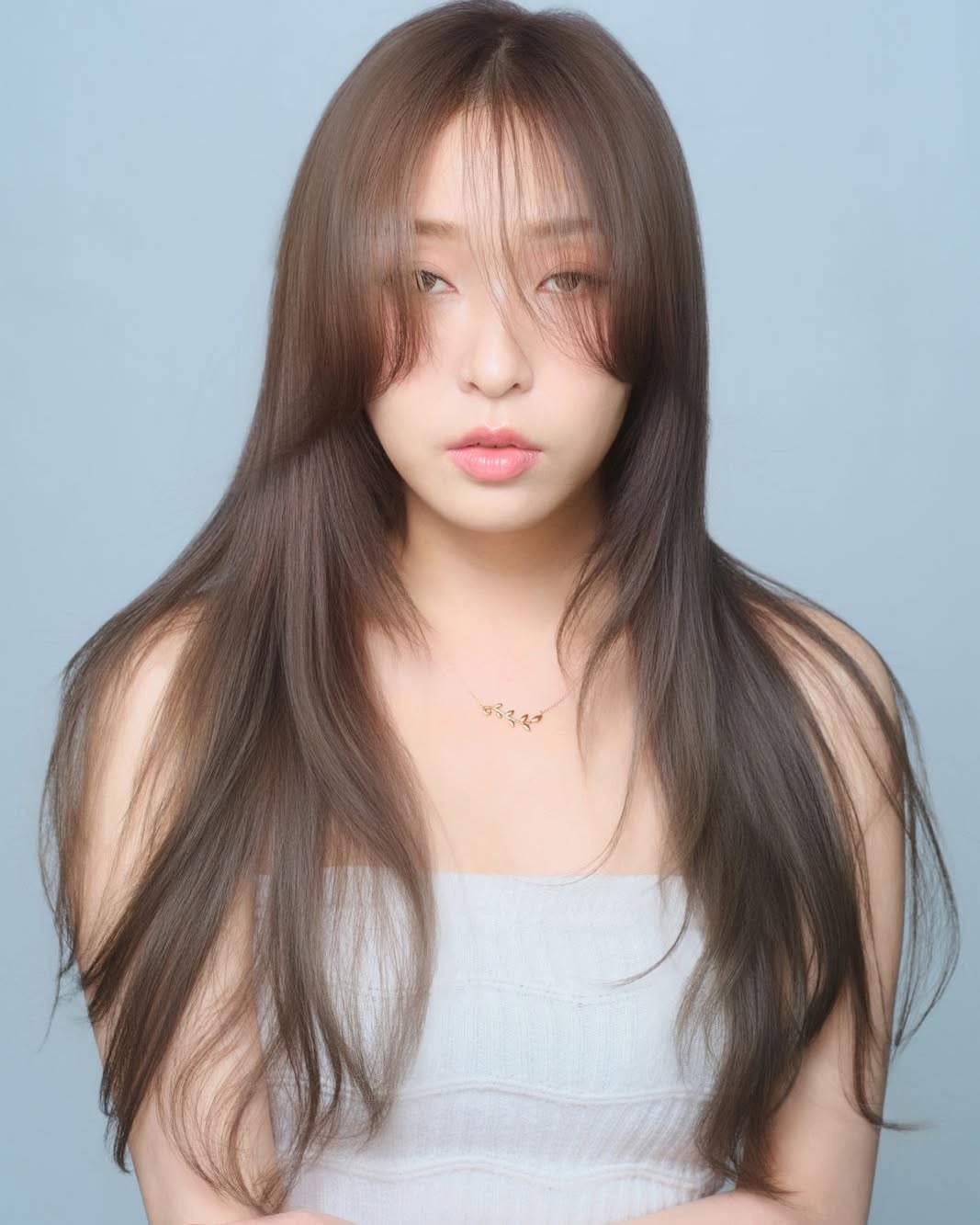 Long Straight Ash Brown Hair with See-Through Air Bangs and Face-Framing Layers