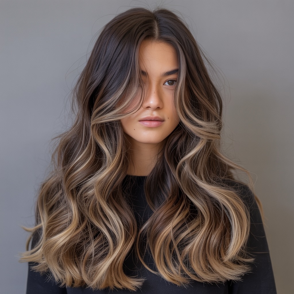Glamorous Voluminous Waves with Multi-Tonal Balayage for a Side-by-Side Comparison