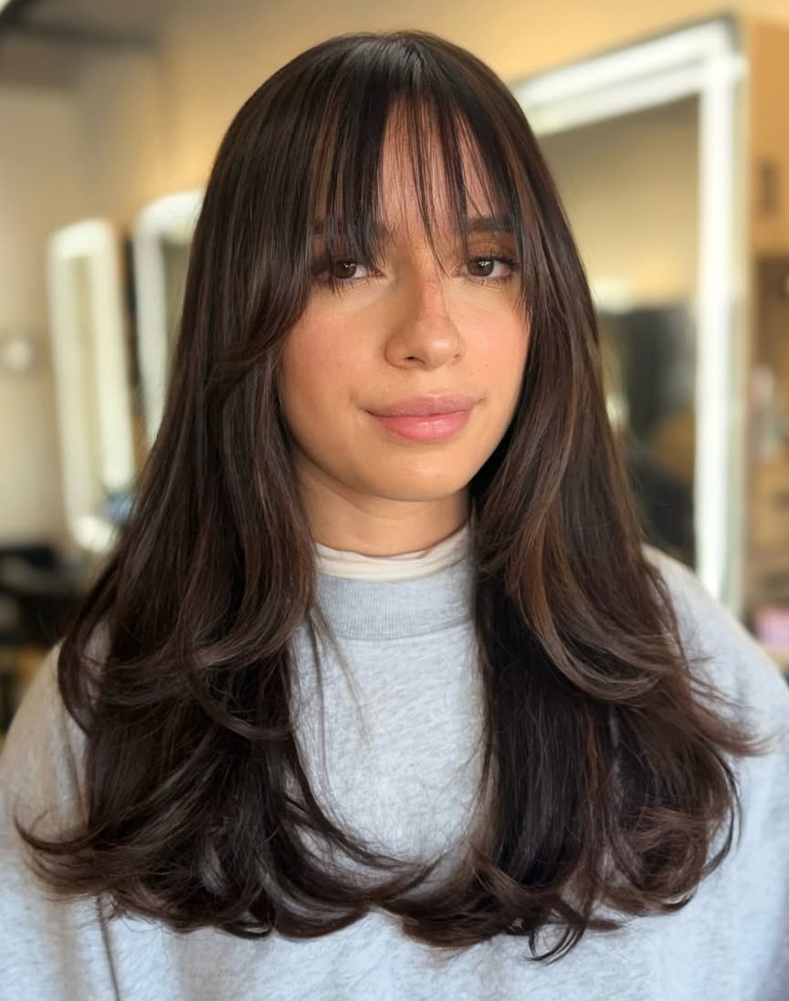 Brunette Long Hair with Straight Wispy Bangs and Face-Framing Layers
