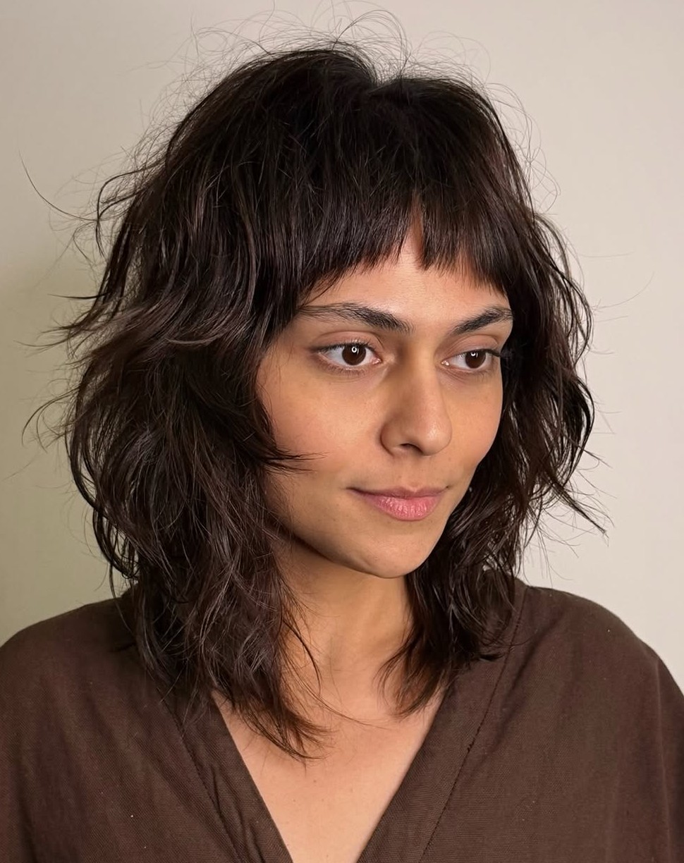 Dark Brown Textured Shag with Edgy Short Baby Bangs