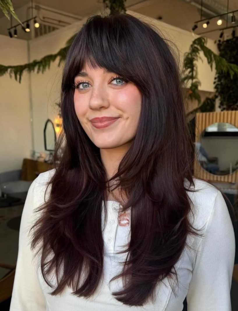 Dark Brown Layered Haircut with Full Classic Bangs