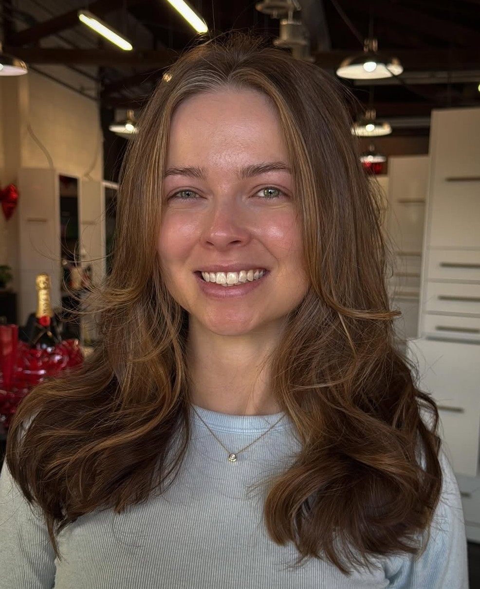 Wavy Golden Copper Layered Hair for a Salon Consultation Reference