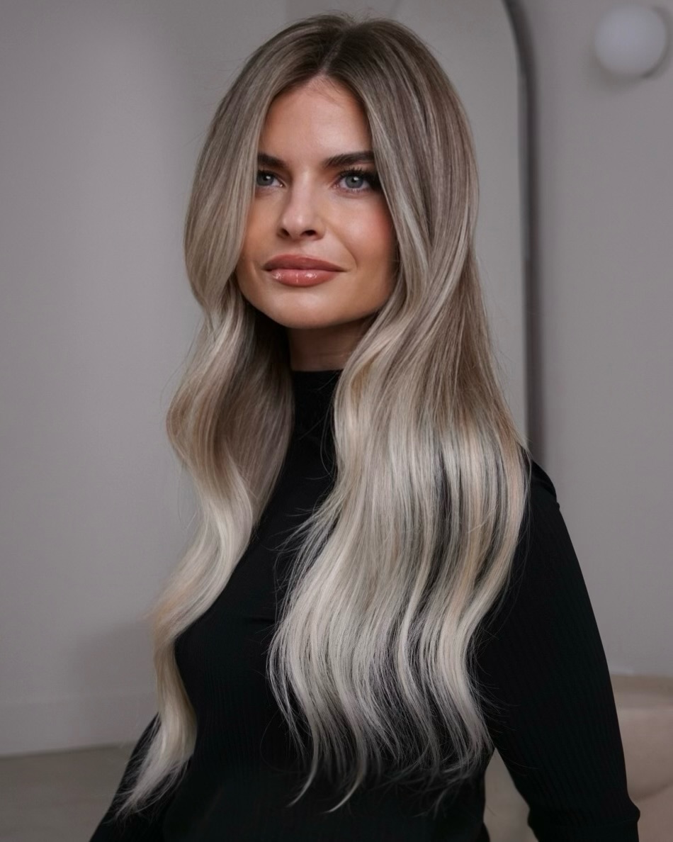 Perfectly Styled Silky Platinum Blonde Waves Showing Great Shadow Root Styling Tips