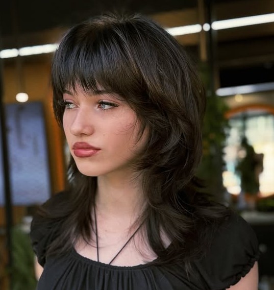 Voluminous Dark Brown Wolf Cut with Full Fluffy Bangs
