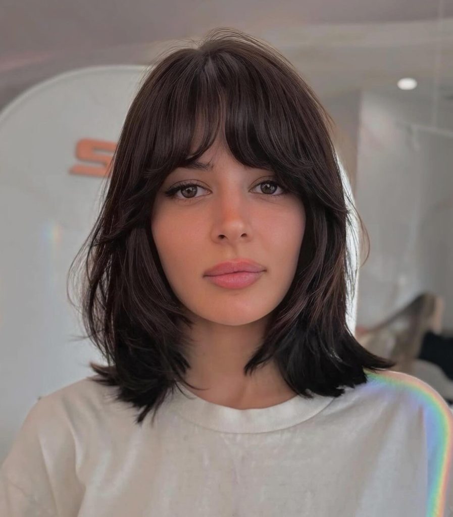 Curtain Bangs with Layers on Medium-Length Hair Parted in the Center