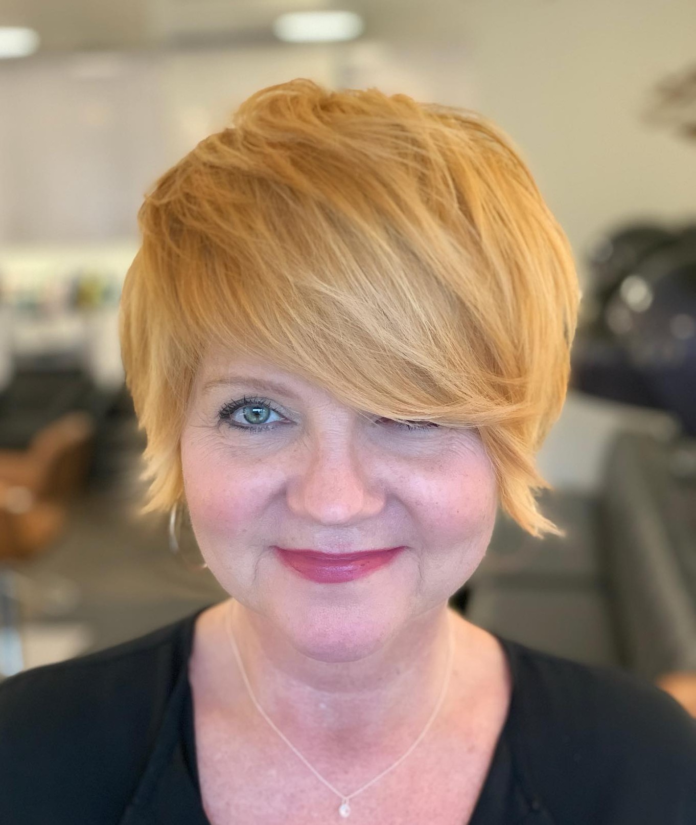 Swoopy Bangs with Layered Crown