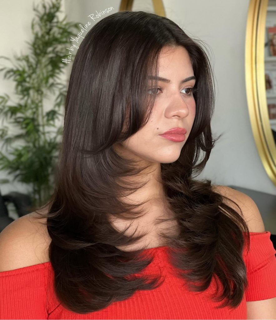 Classic Long Butterfly Haircut with Center Part and Feathered Layers on Straight Hair