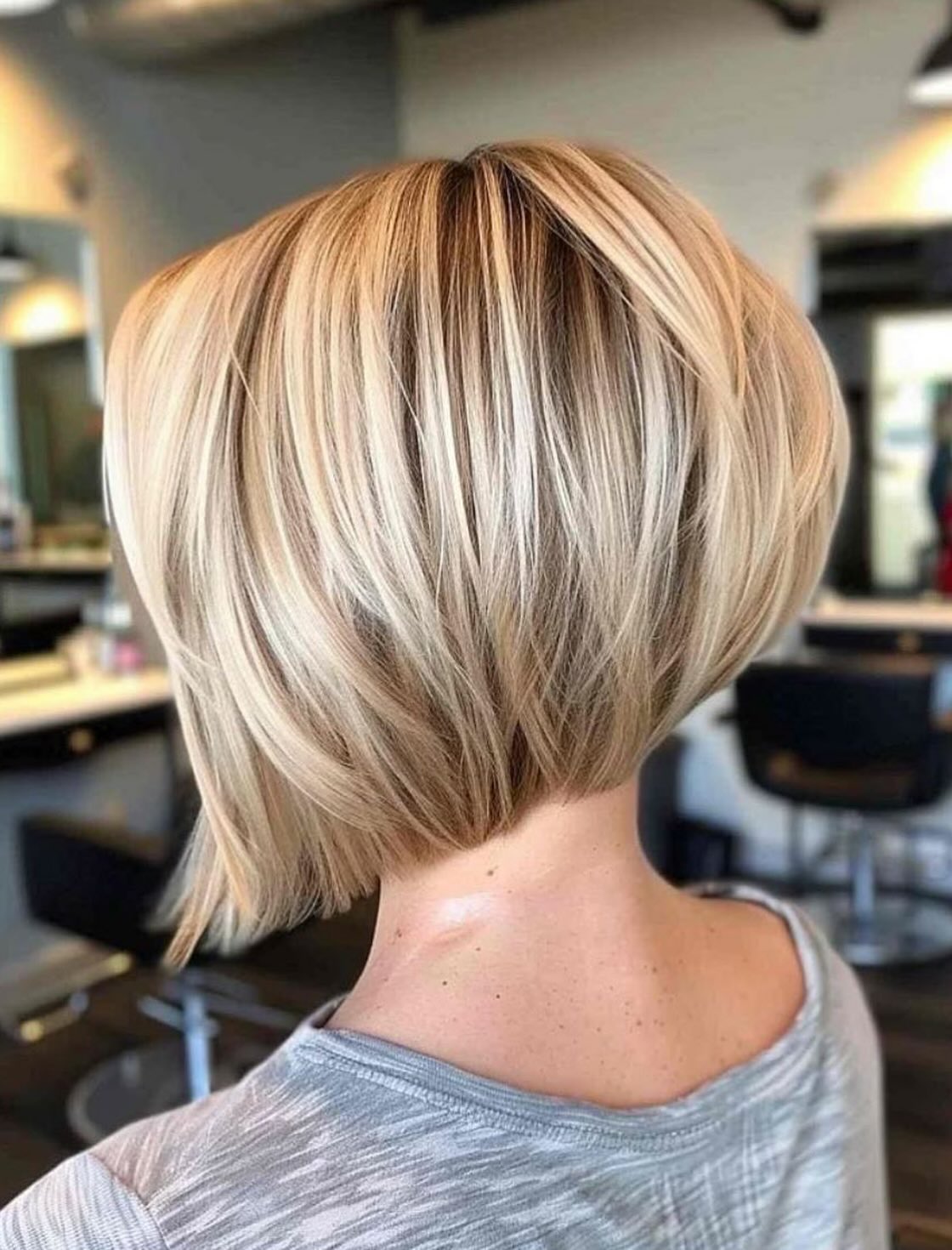 Voluminous Stacked Graduated Blonde Bob Haircut with Highlights Back View