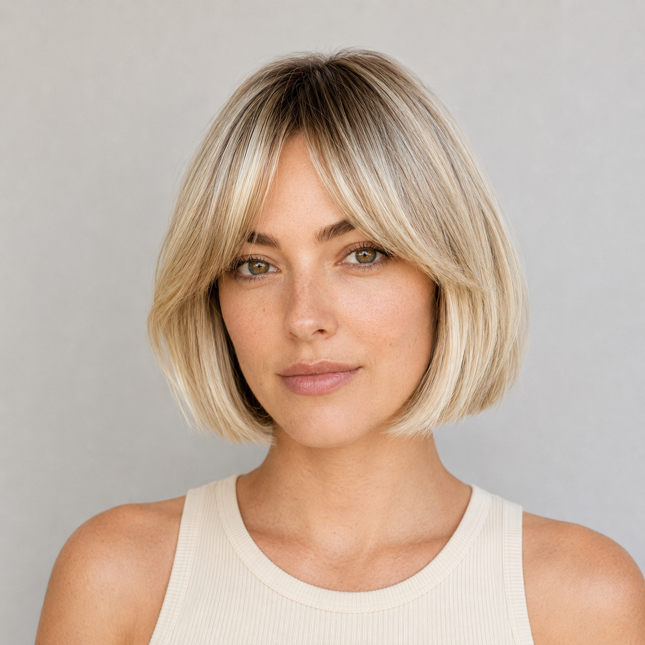 Classic Chin-Length Blonde Bob With Smooth Ends And Softly Parted Curtain Bangs