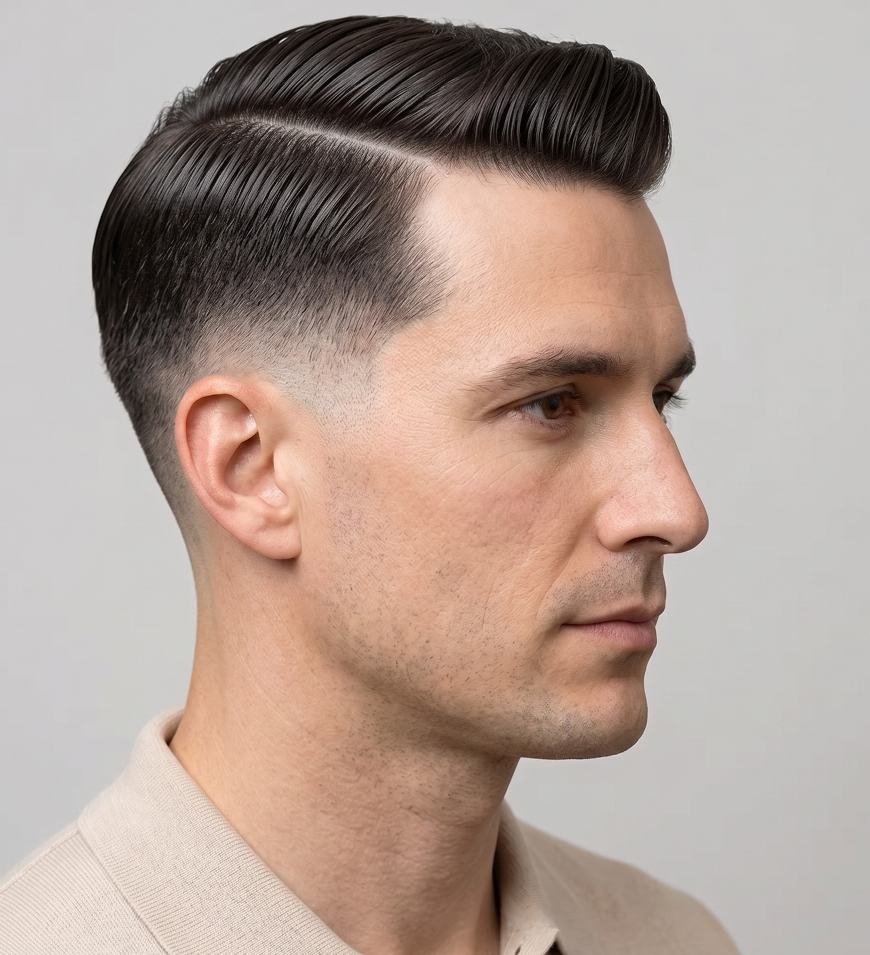 Classic Low Drop Fade With Side Part On Soft Black Hair