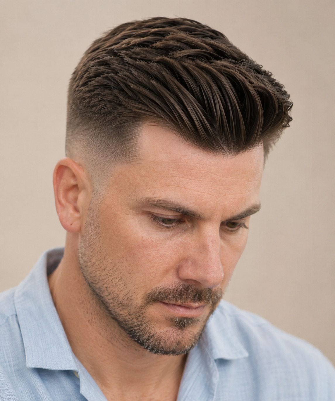 Comb-Over Mid Taper With Natural Side Part And Smooth Swept Top