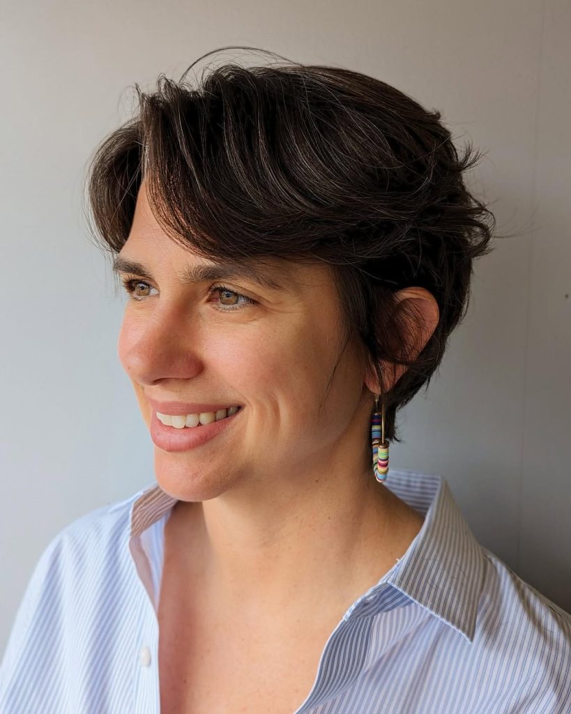 Textured Pixie Cut with Side-Swept Bangs on Straight Medium-Brown Hair