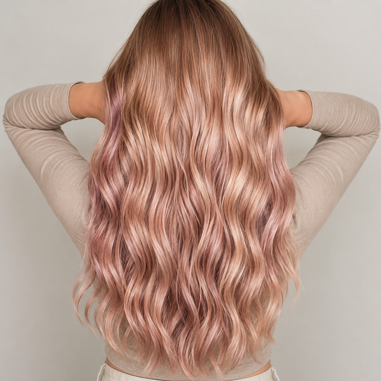 Rose Gold On Blonde Hair Long Waves Woman