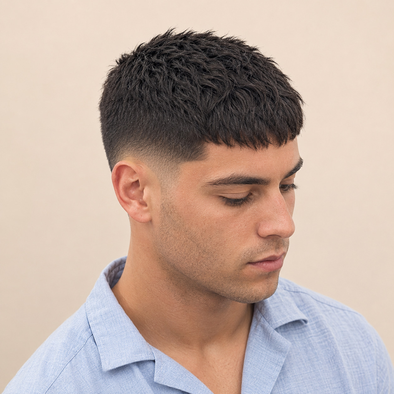 Short French Crop With Textured Fringe And Mid Taper Fade