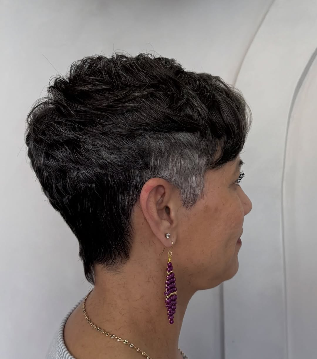 Short Textured Dark Pixie Cut with Grey Sides for Women Over 40