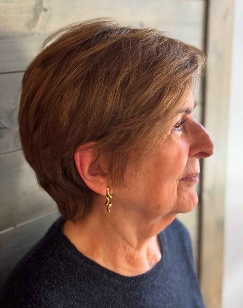 Side Profile of Short Tapered Brown Pixie Cut
