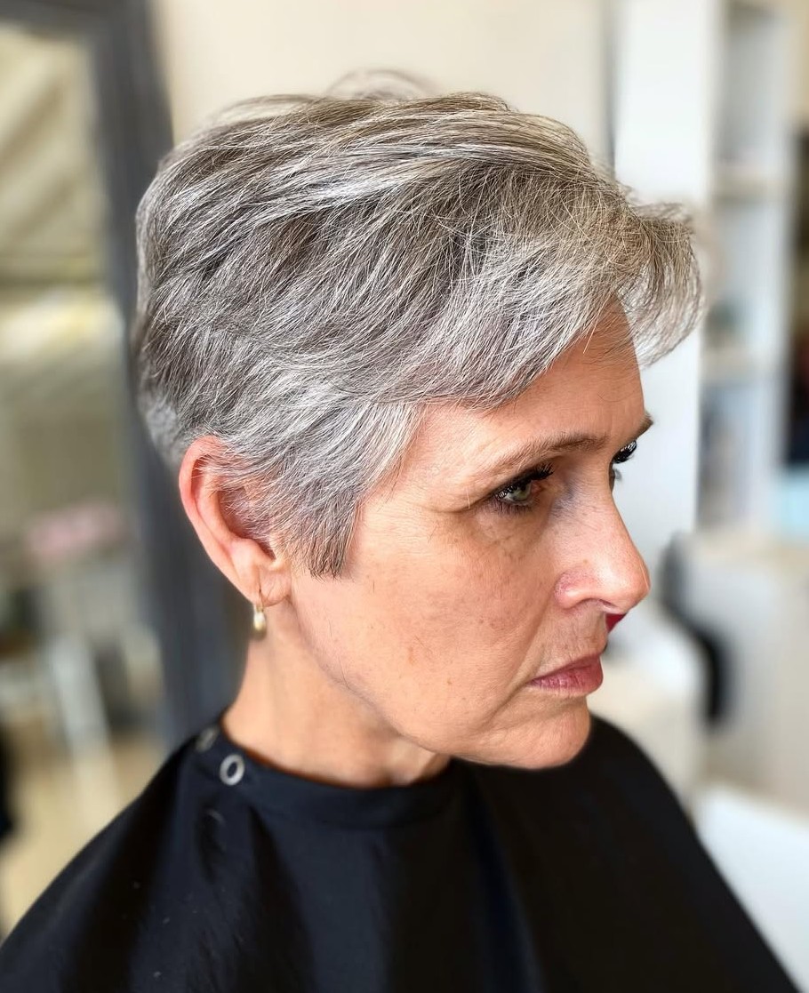 Classic Grey Pixie Cut with Side-Swept Bangs