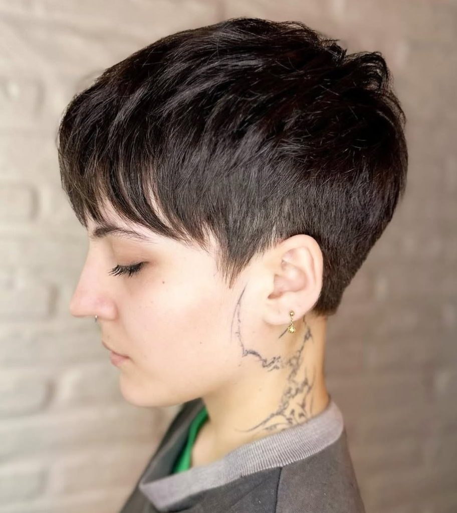 Classic Cropped Pixie with Full Blunt Bangs at Brow Level on Thick Dark Hair