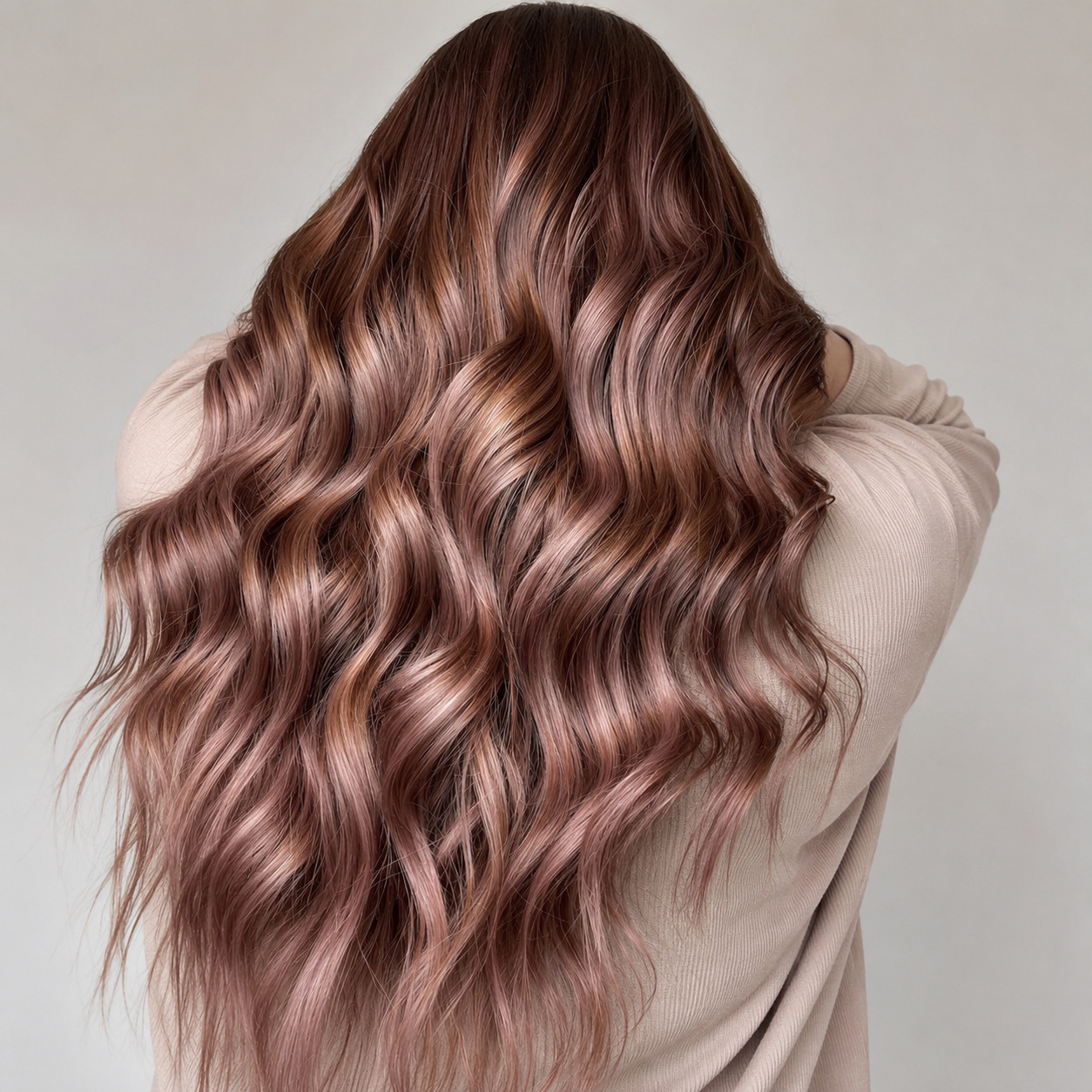 Rose Gold Hair Color On Brown Brunette Long Locks With Waves