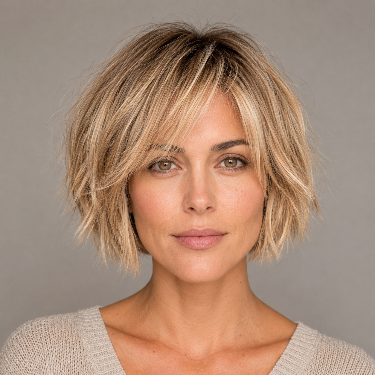 Short Textured Blonde Bob With Choppy Layers, Tousled Ends And Soft Curtain Bangs