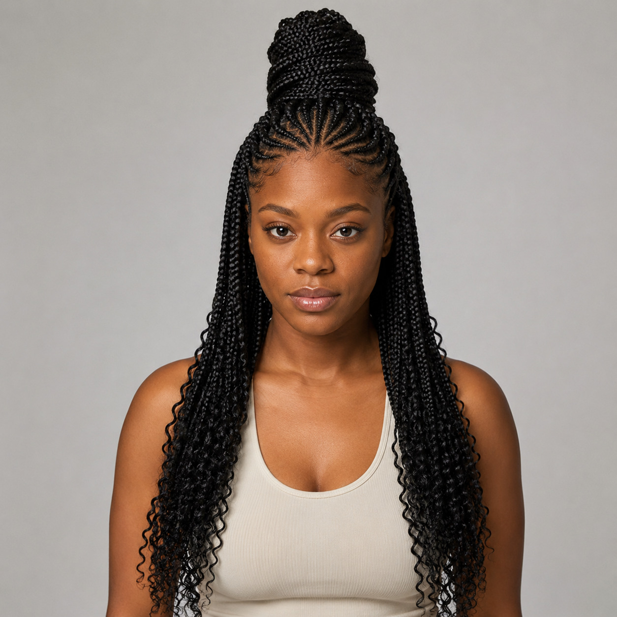 Half-Up Knotless Box Braids With Braided Bun