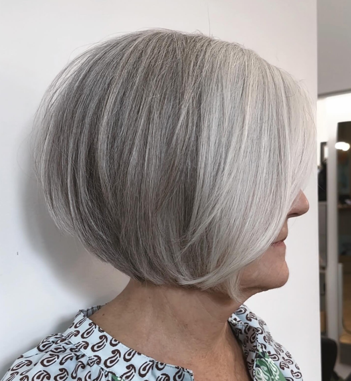 Classic Stacked Silver Bob Haircut Side Profile