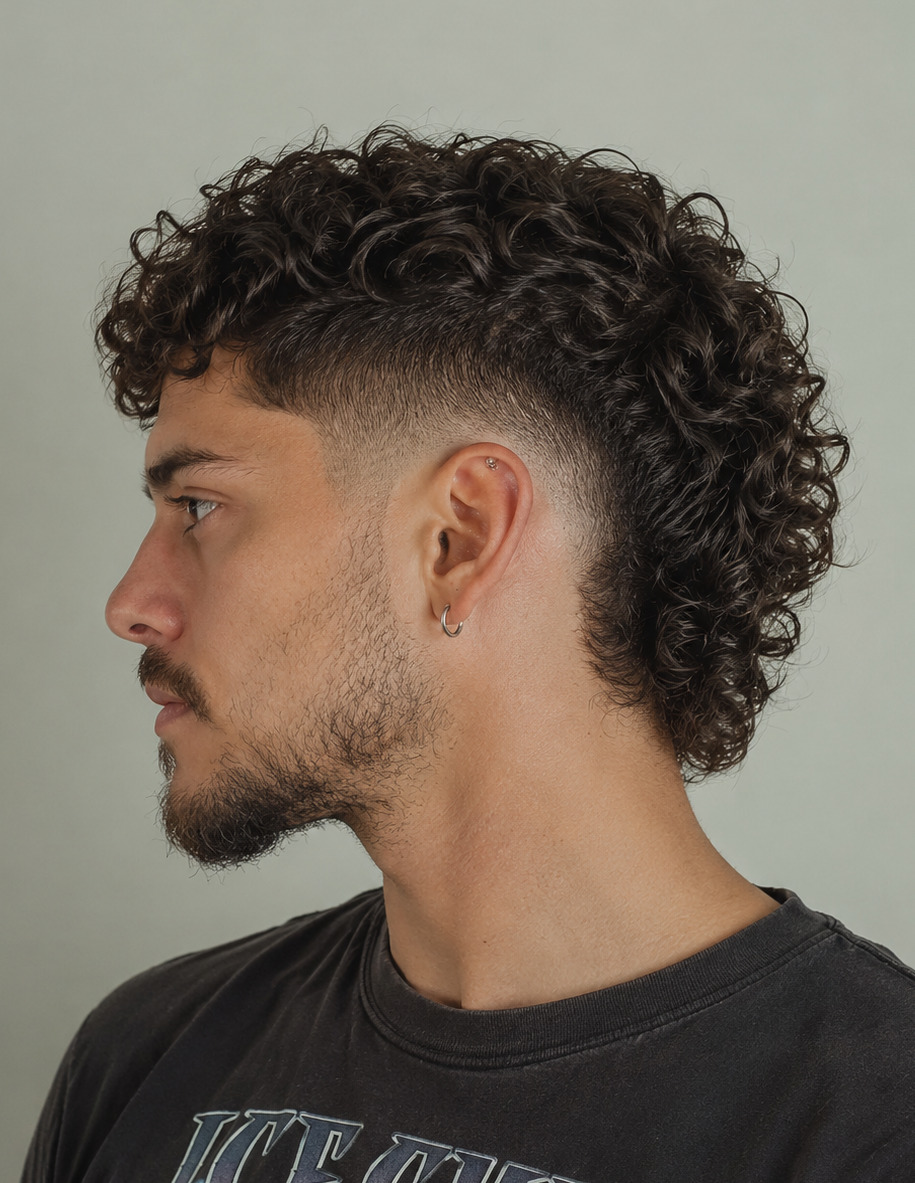 Curly Burst Fade Mullet With Full Dry-Cut Back