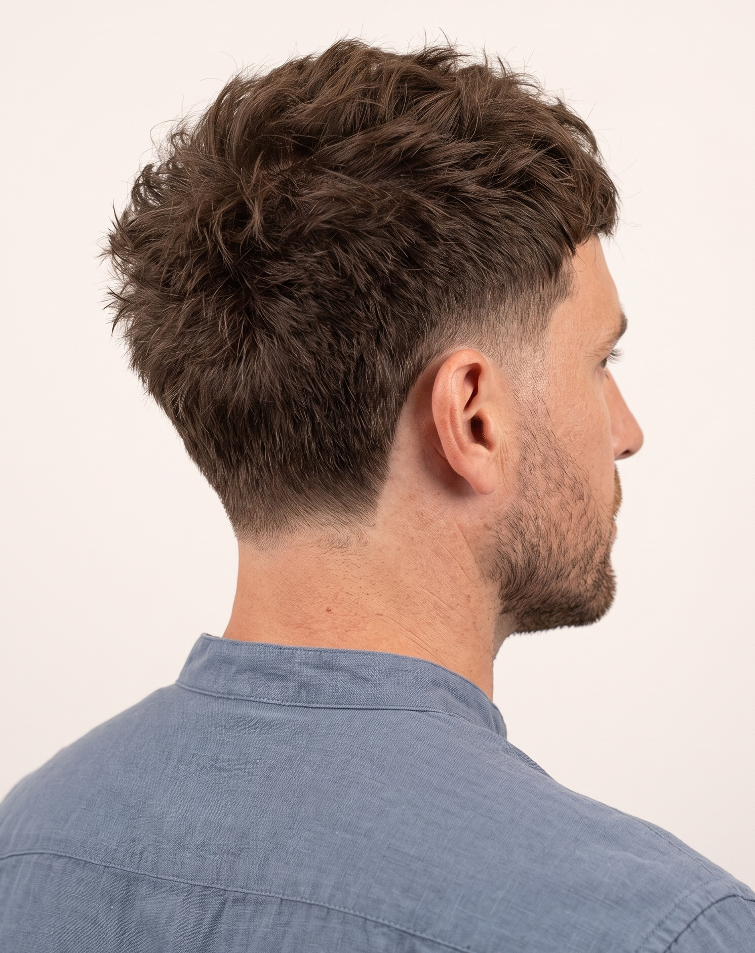 Low Drop Fade With Medium Brown Textured Crop And Choppy Fringe