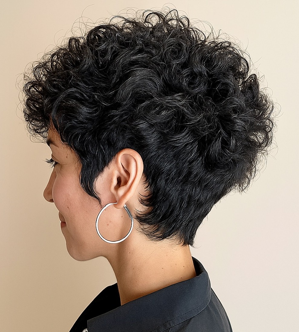 Spiral Curl Pixie Cut on 3B Hair with Defined Ringlets and Volume at the Crown