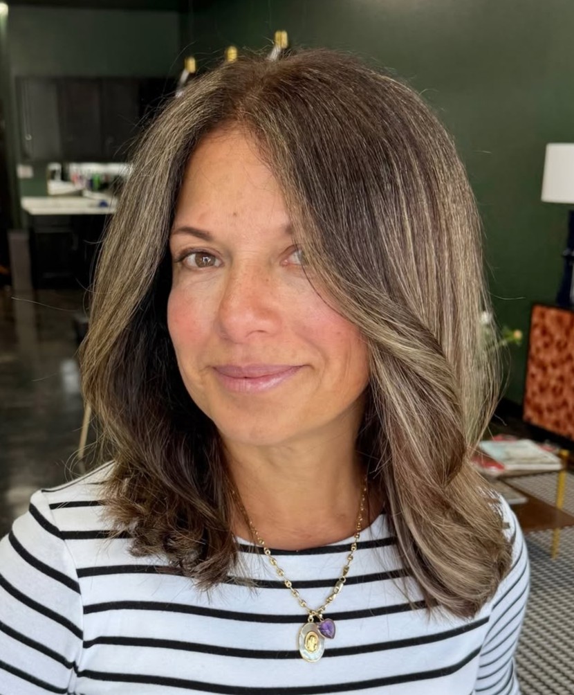 Shoulder Length Layered Ash Brown Hair with Soft Highlights