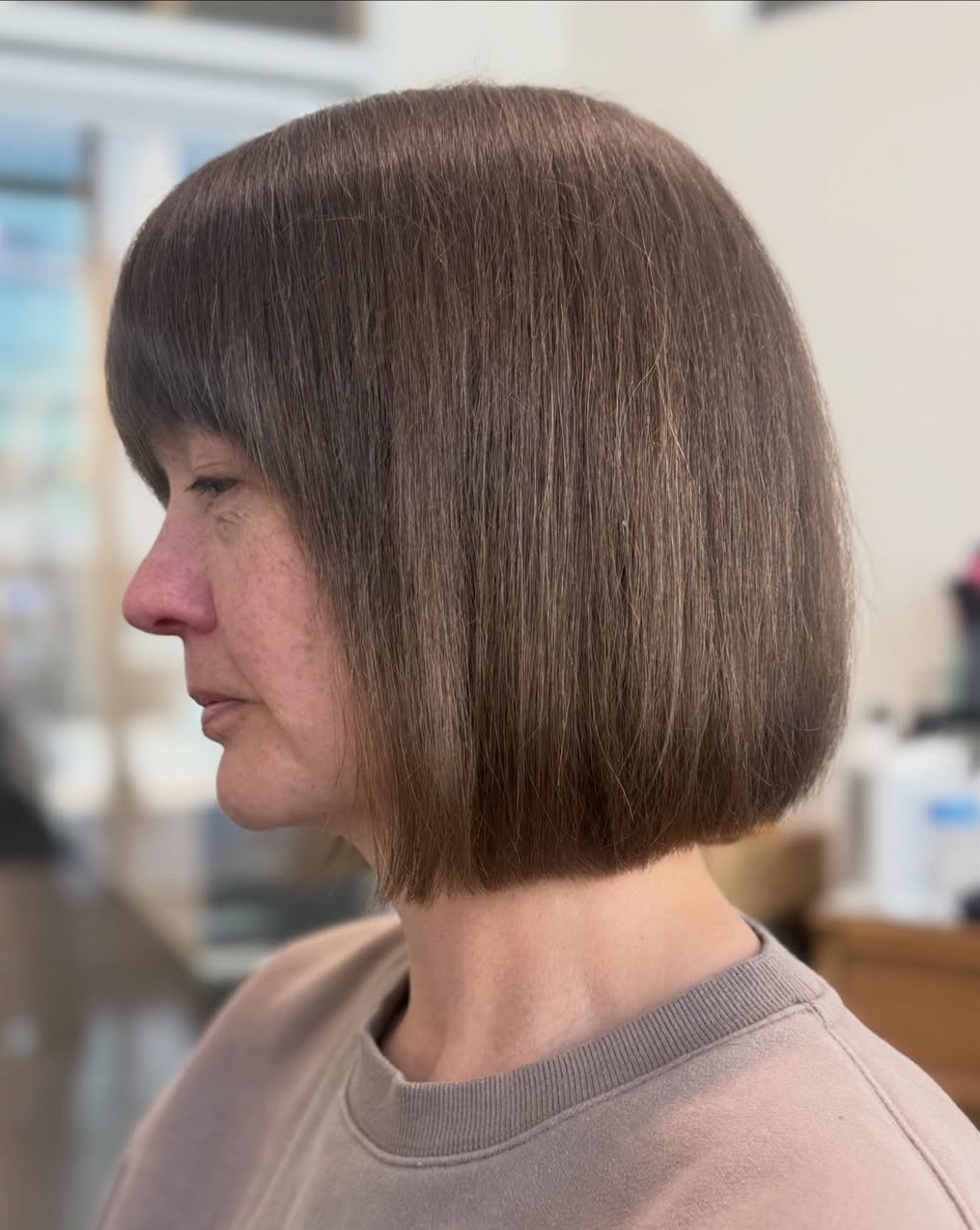 Straight Brown Bob Haircut with Full Fringe