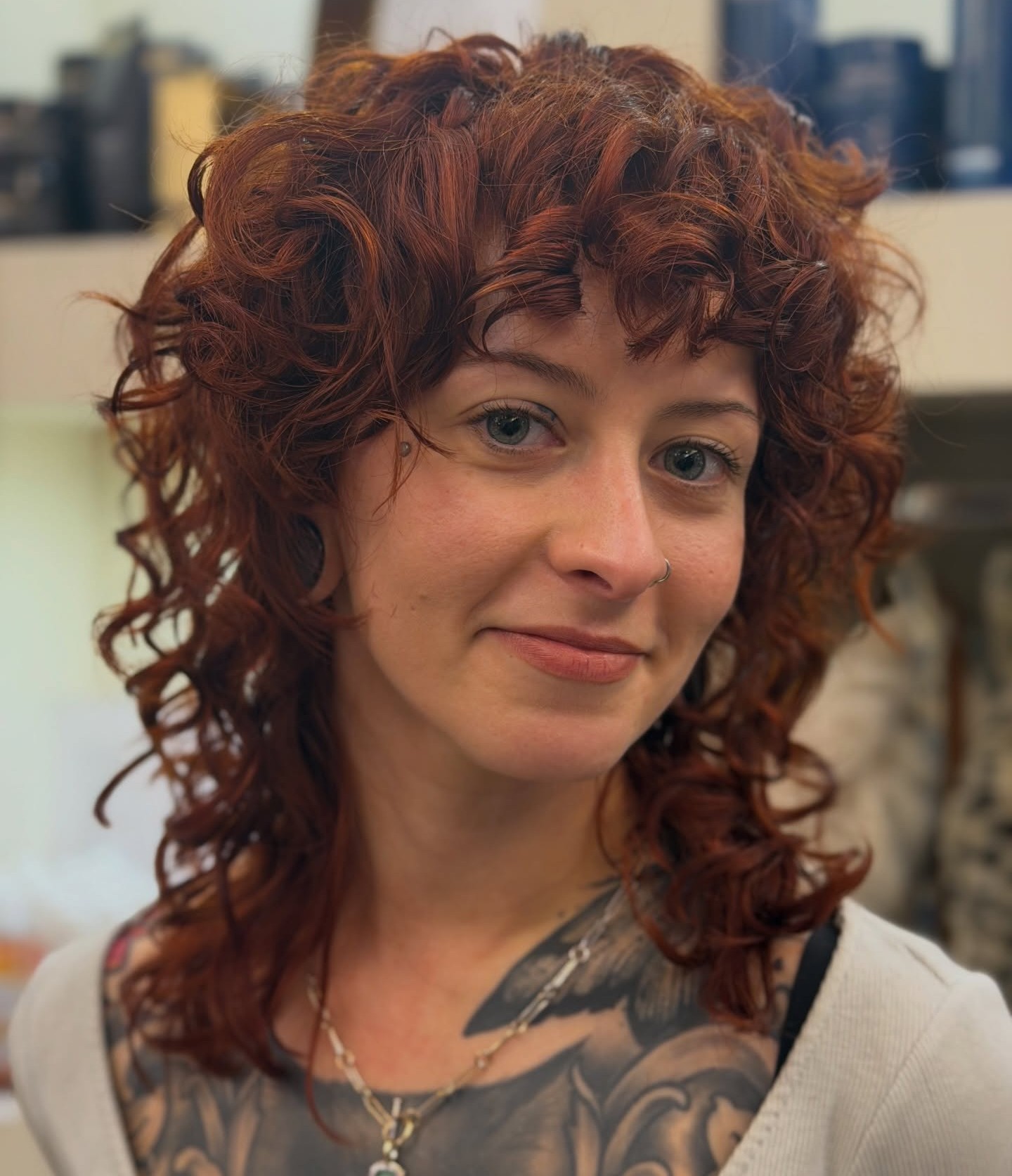 Curly Auburn Medium Shag Style with Voluminous Ringlets