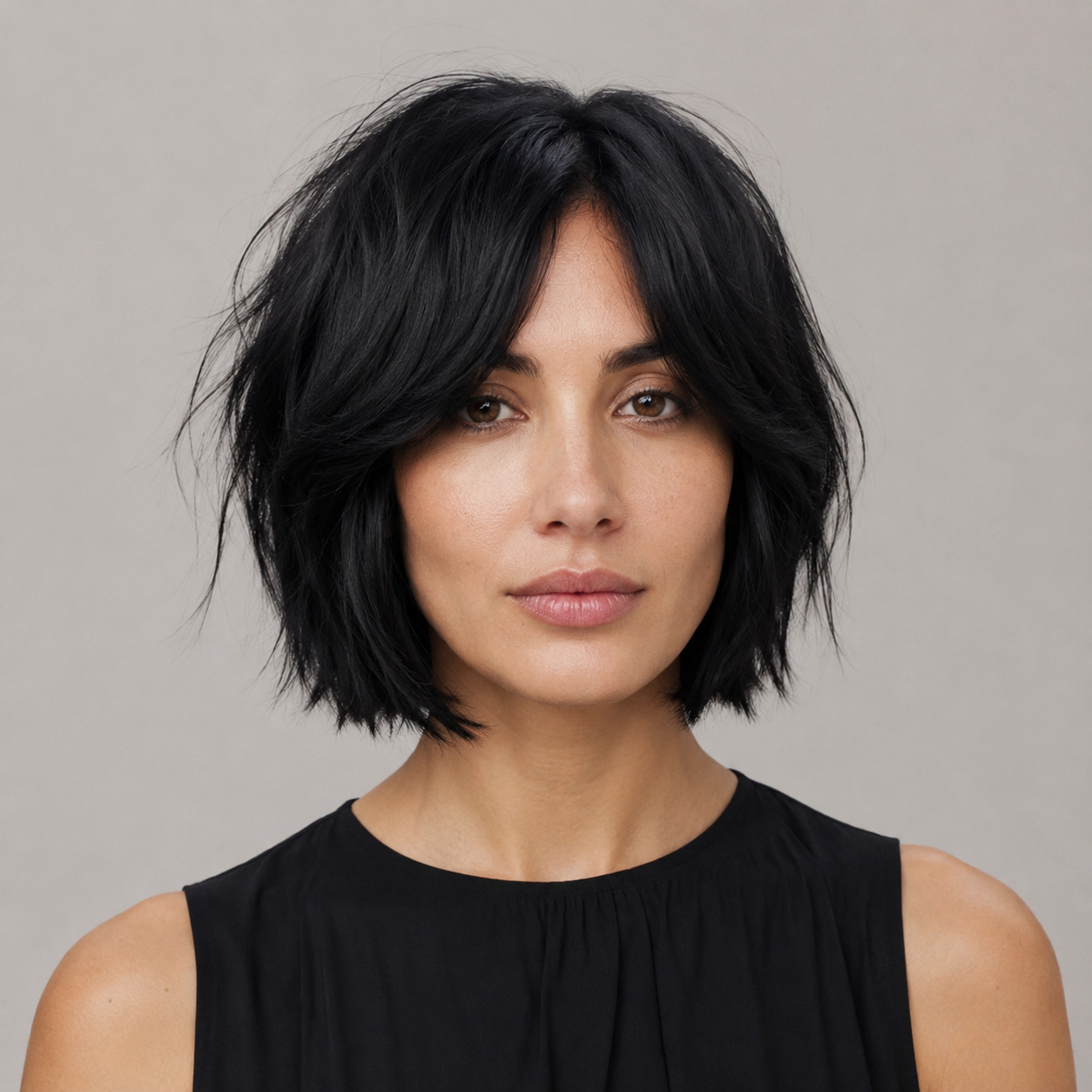 Edgy Chin-Length Black Bob With Choppy Textured Ends And Long Curtain Bangs
