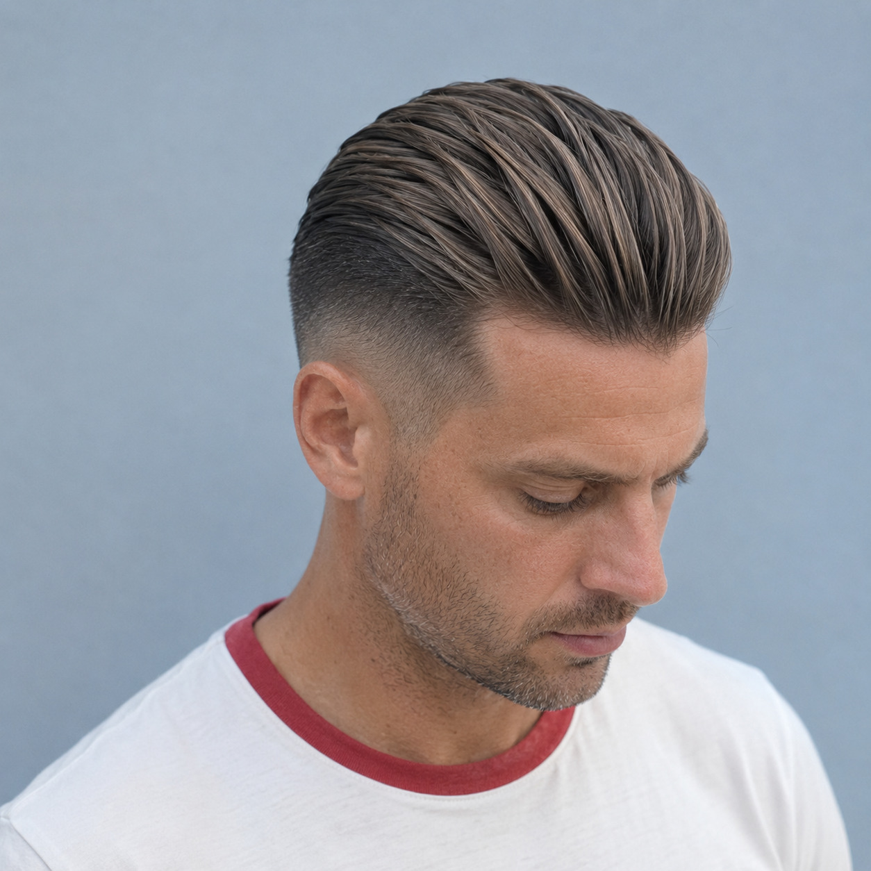 Long Slicked-Back Top With Interior Thinning And Mid Taper Fade
