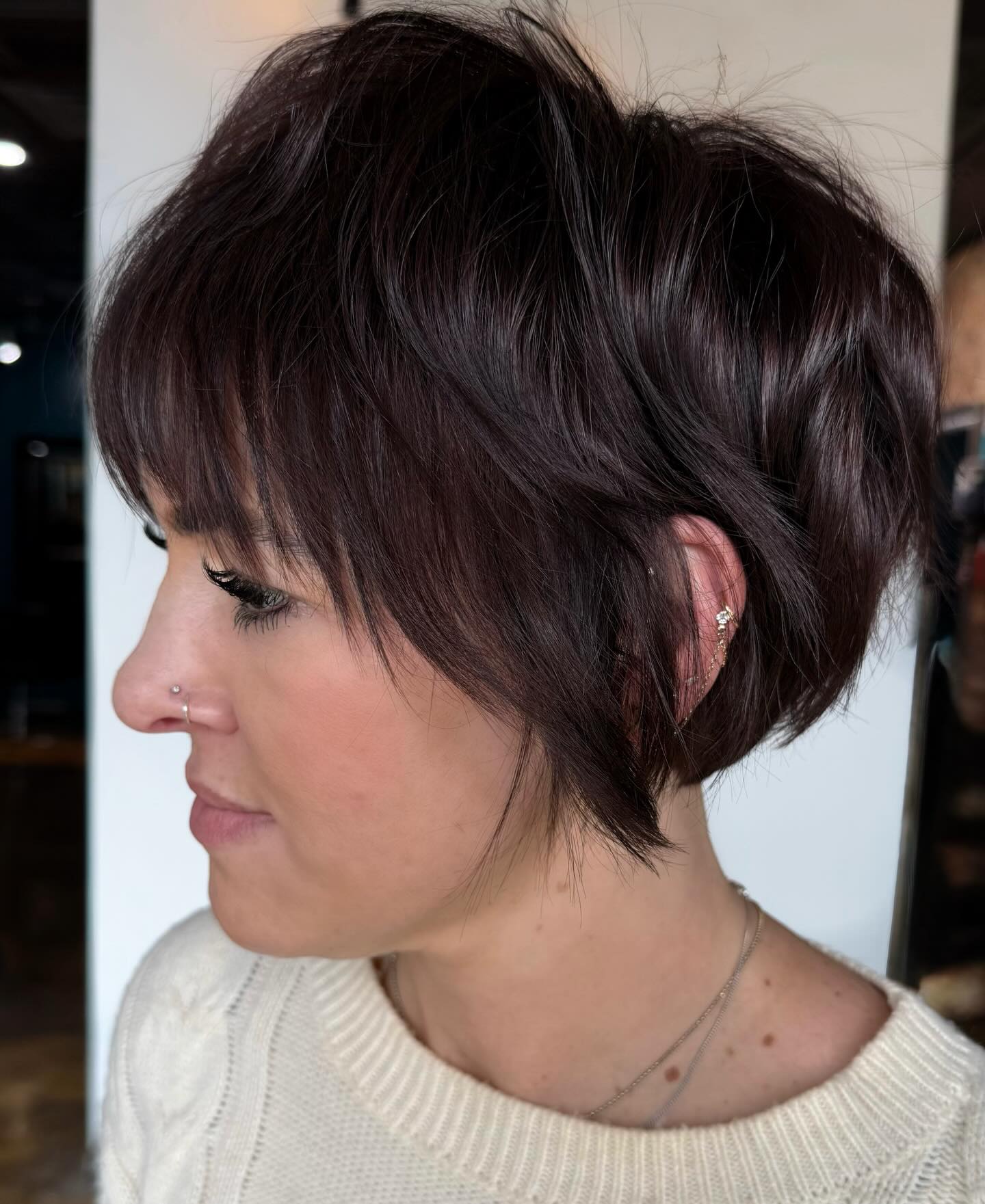 Layered Bixie on Thick Hair at Jawline Length with Stacked Back and Textured Perimeter