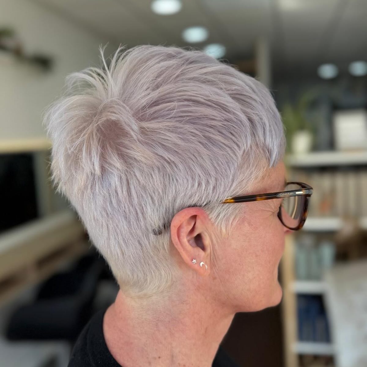 Ultra Short Lavender Grey Pixie Cut for Older Women with Glasses
