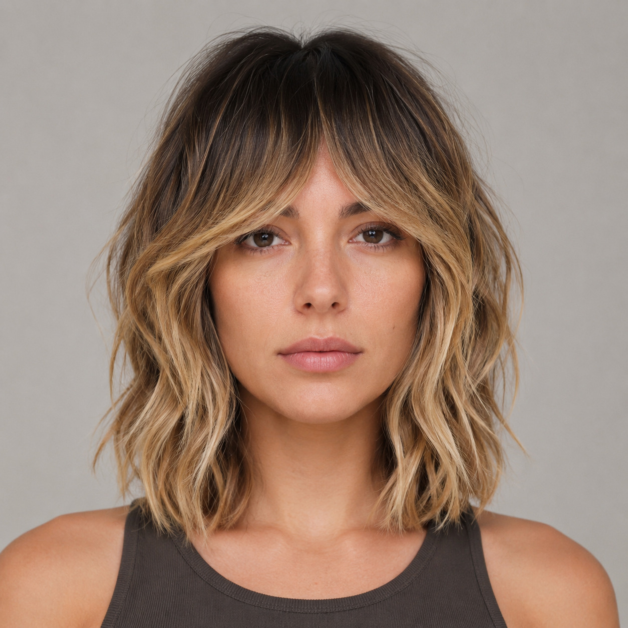 Wavy Shoulder-Length Bob With Curtain Bangs, Dark Roots And Warm Beige Blonde Color