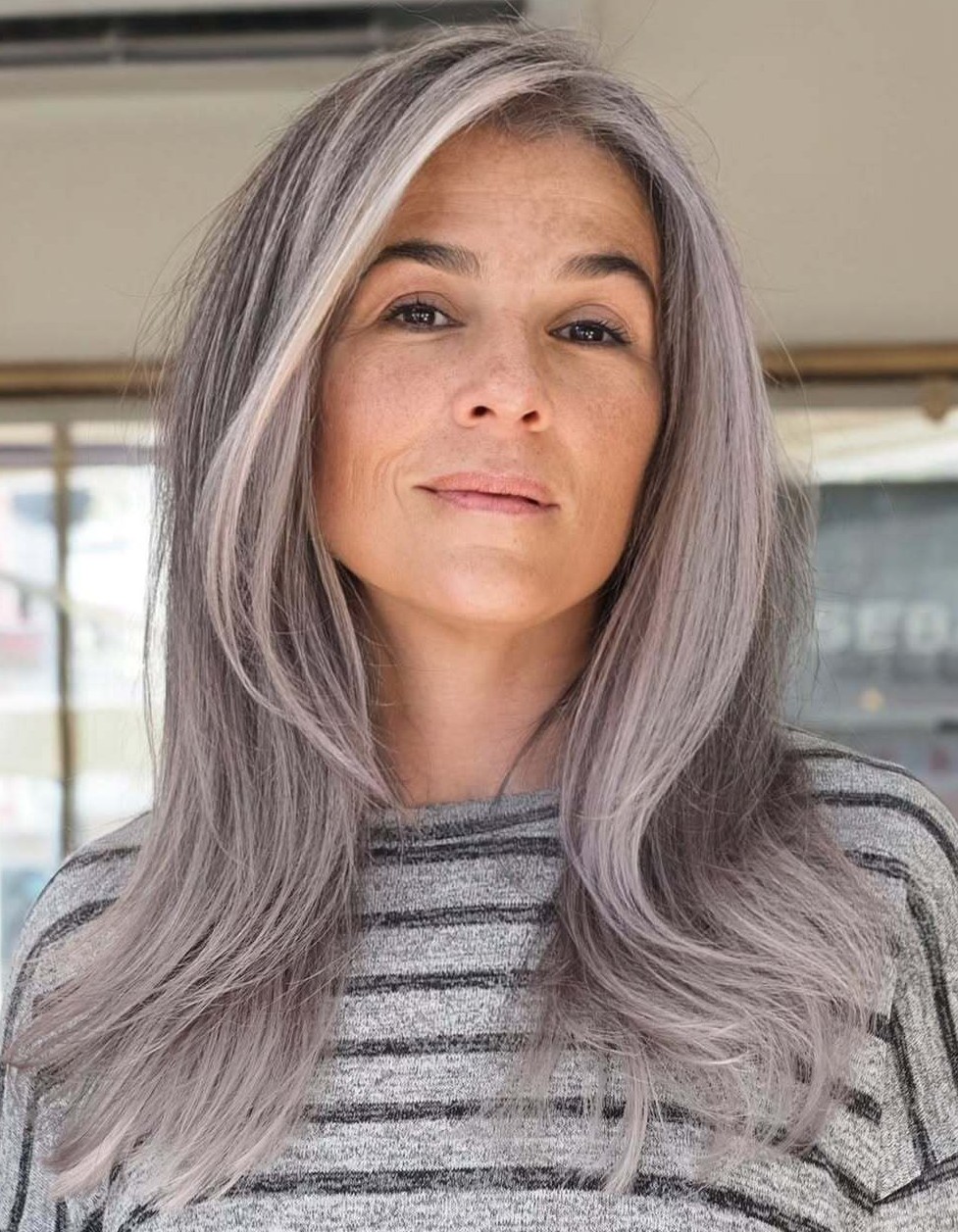 Long Sleek Silver Grey Haircut with Face-Framing Layers
