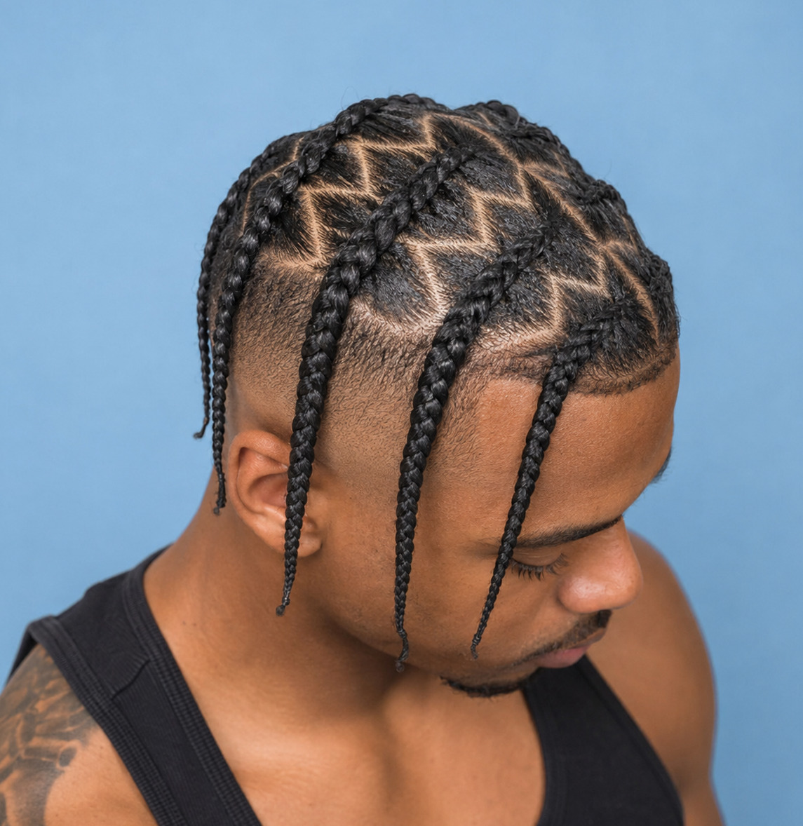 Short Zigzag-Part Pop Smoke Braids With Eight Compact Feed-In Cornrows