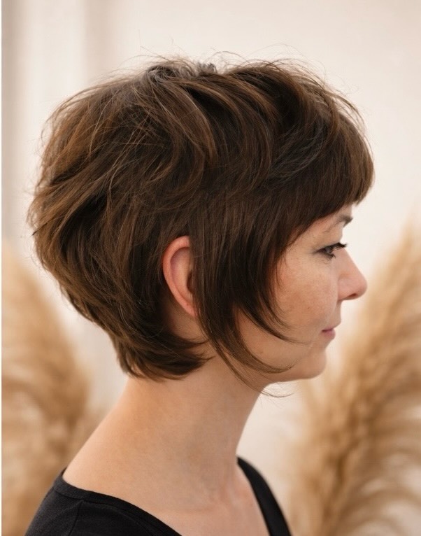 Side Profile of a Voluminous Short Brunette Bob with Soft Layering and Bangs