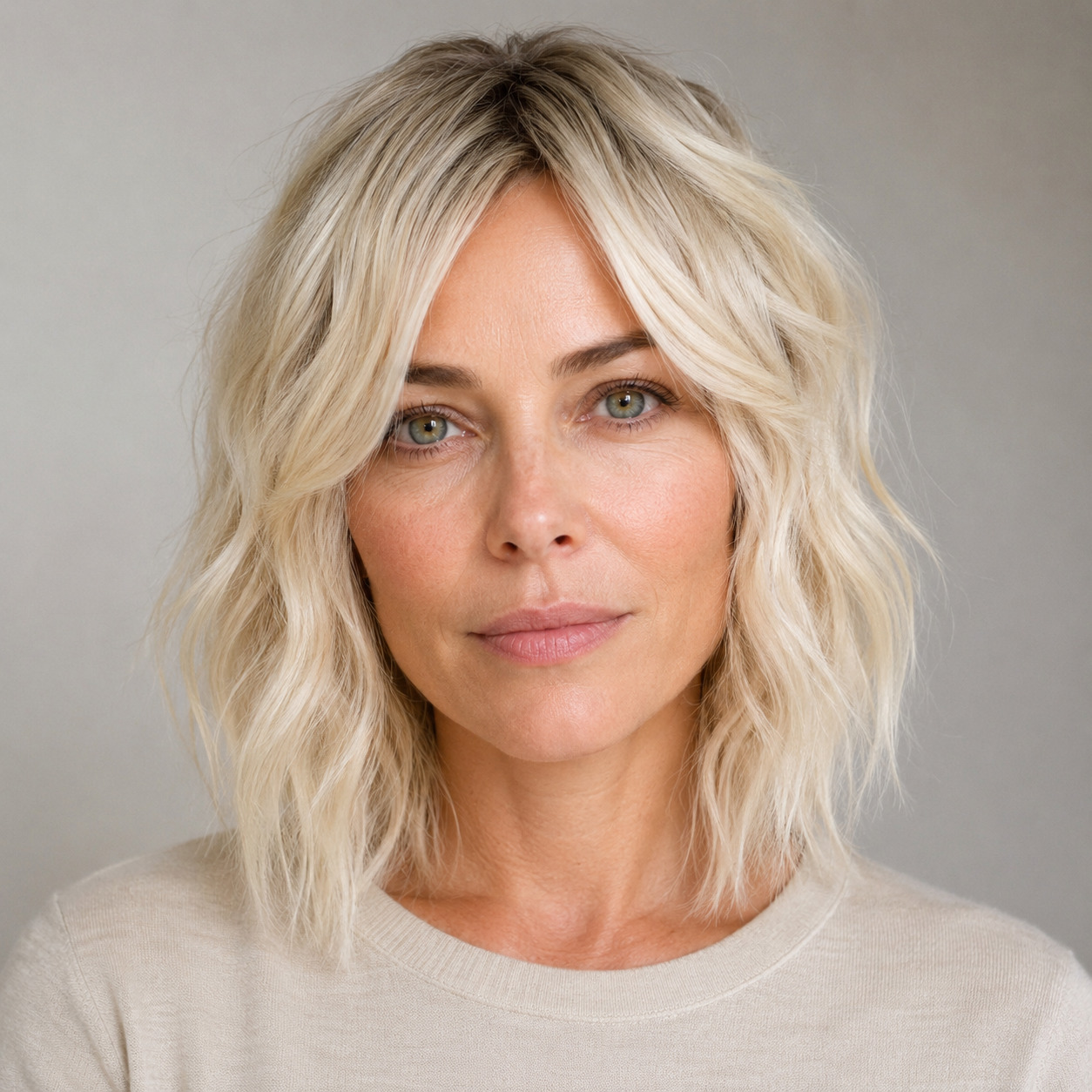 Medium Blonde Curtain Bangs Bob Styled With Beach Waves
