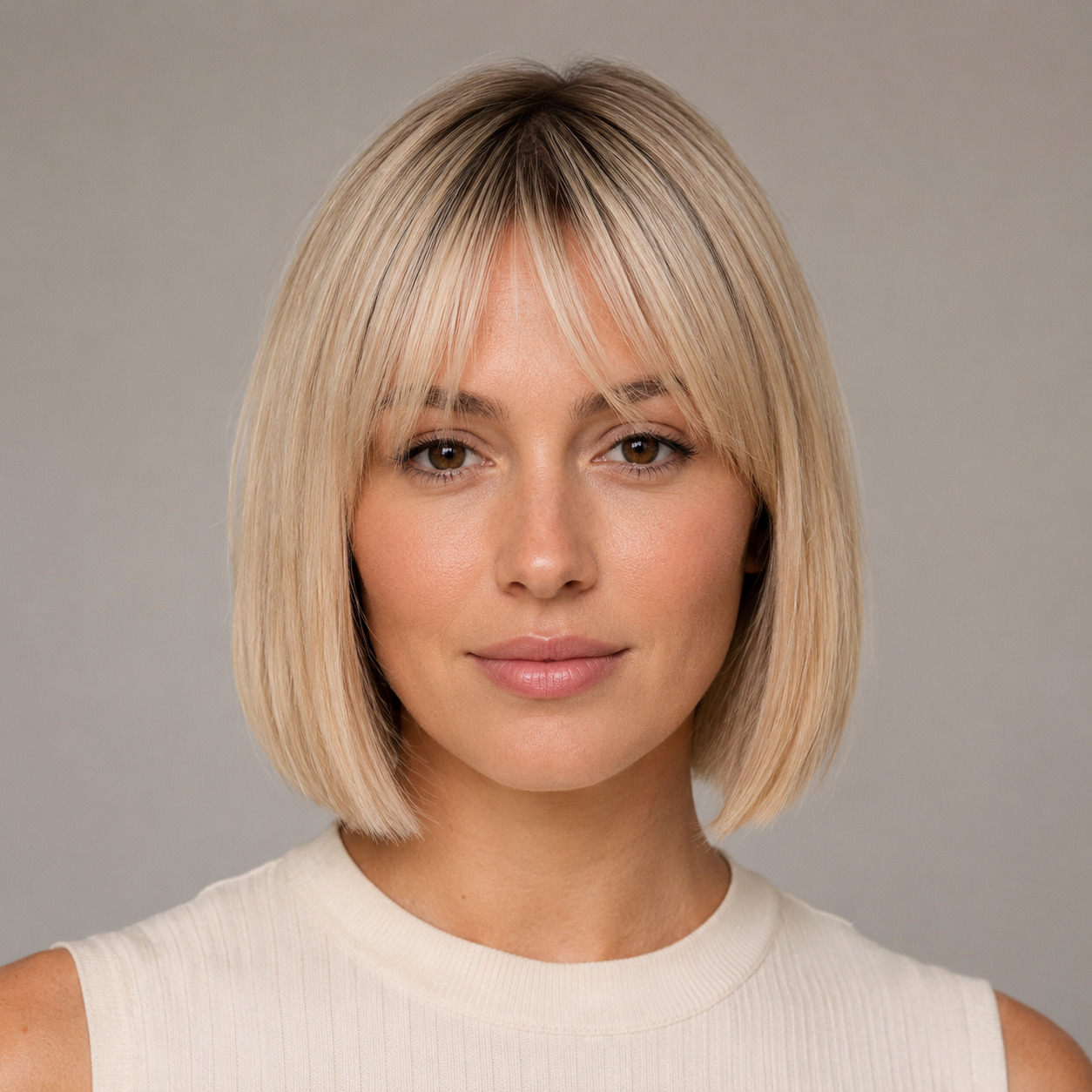 Sleek Chin-Length Beige Blonde Bob With A Blunt Perimeter And Soft Wispy Bangs