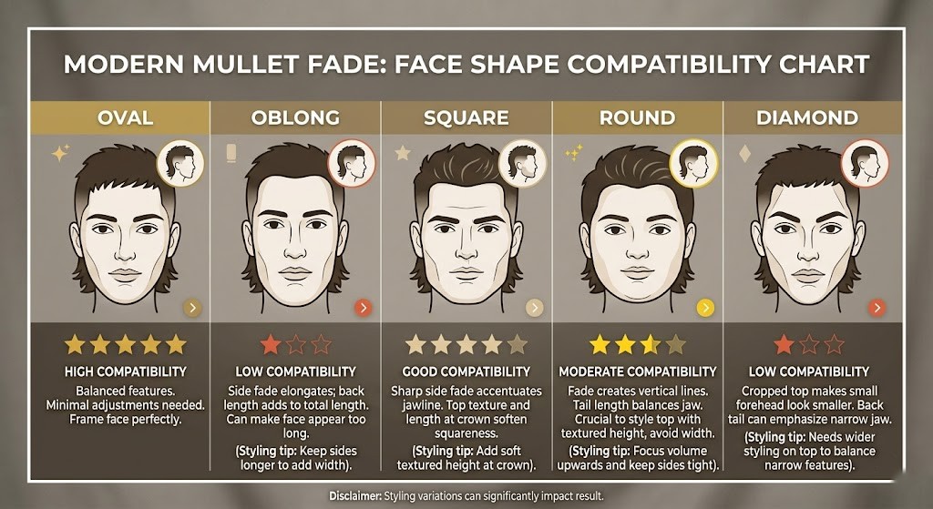 Modern Mullet Fade Face Shape Compatibility Chart Showing Oval, Oblong, Square, Round, and Diamond
