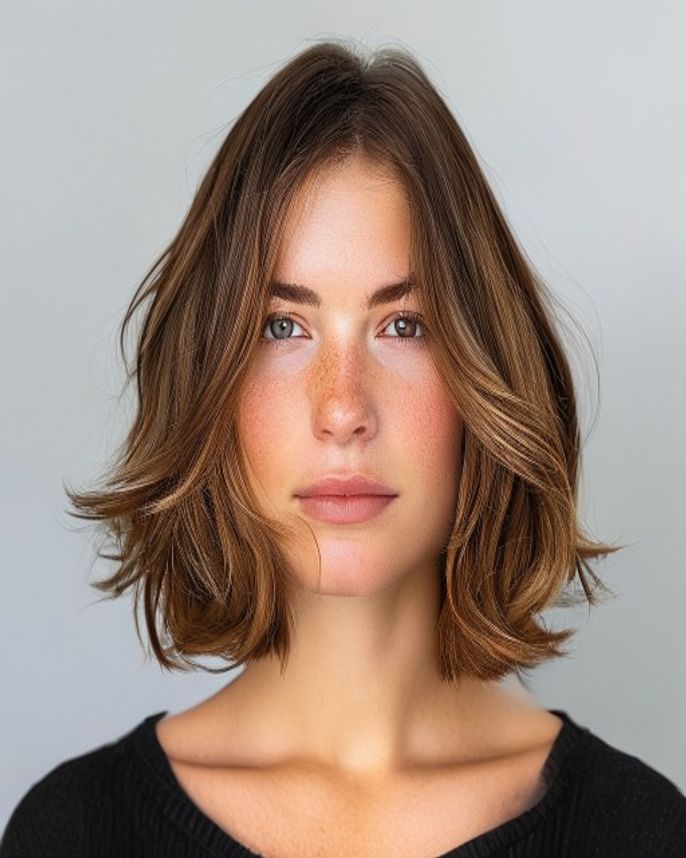 Wavy Lob with Dimensional Caramel Highlights on Mid-Brown 2C Hair