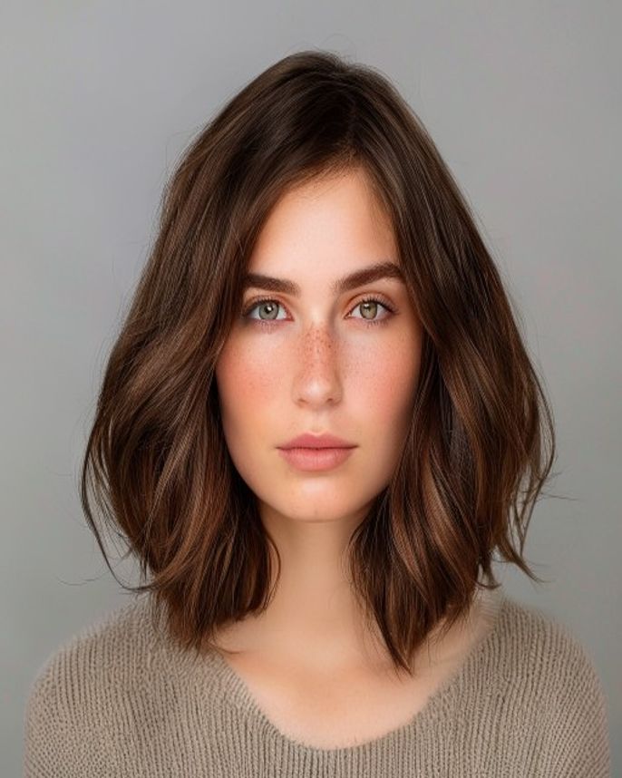 Chin-Length Wavy Bob with Side Part for a Long Face on 2C Brunette Hair