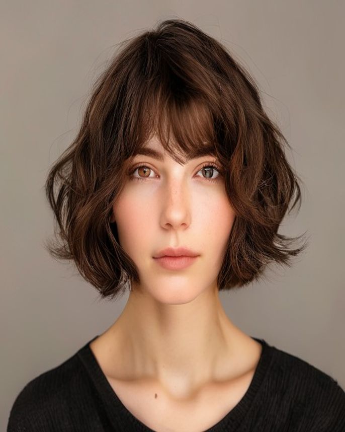 Choppy Wavy Bob Between Chin and Shoulder on Textured 2C Brunette Hair