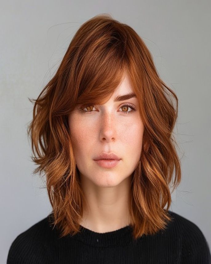 Copper-Toned 2C Waves with a Side-Swept Fringe Across the Forehead