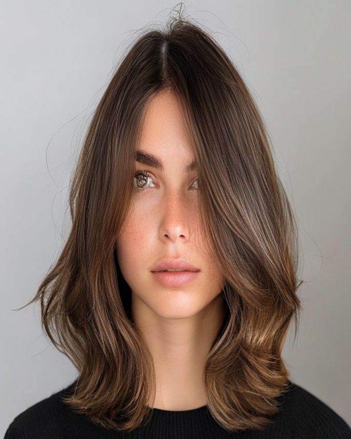 Long 2C Waves in a Butterfly Cut with Chin-Length Shortest Layers on Brunette Hair