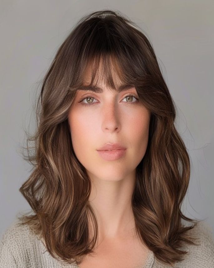 Long 2C Waves with Soft Grown-Out Curtain Bangs on Brunette Hair